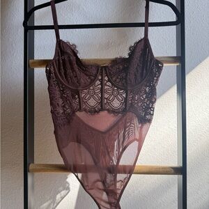 Lace Underwire Sheer Bodysuit - Brown